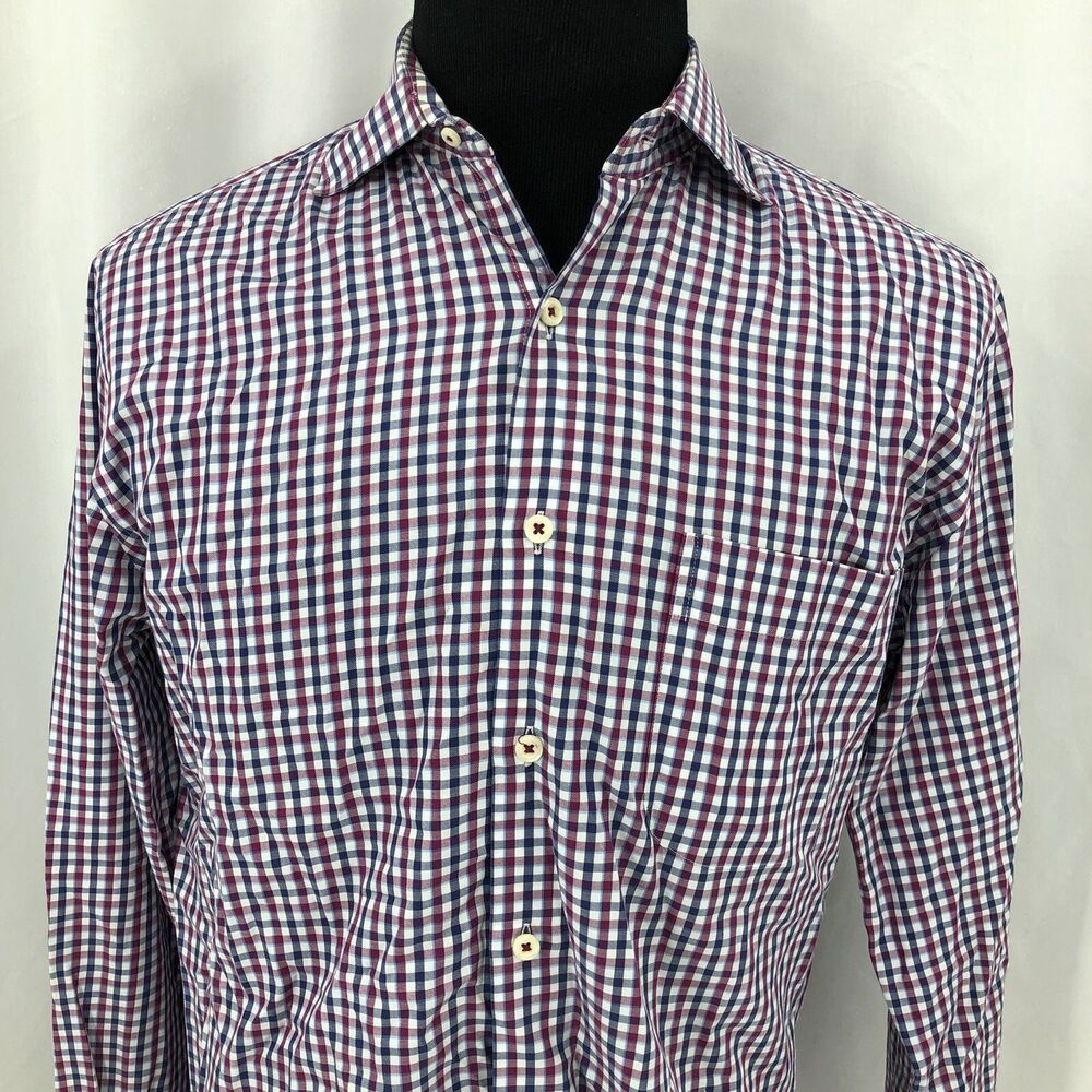 Peter Millar Blue Red Check Plaid Long Sleeve Button Up Shirt Medium